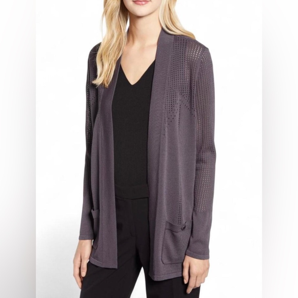 ANNE KLEIN Women's Perforated Mixed-knit Cardigan Sweater Top Size M Dark Gray